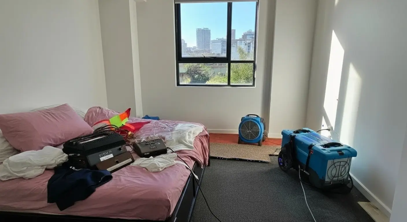 Professional water damage restoration before and after comparison showing flooded property restoration